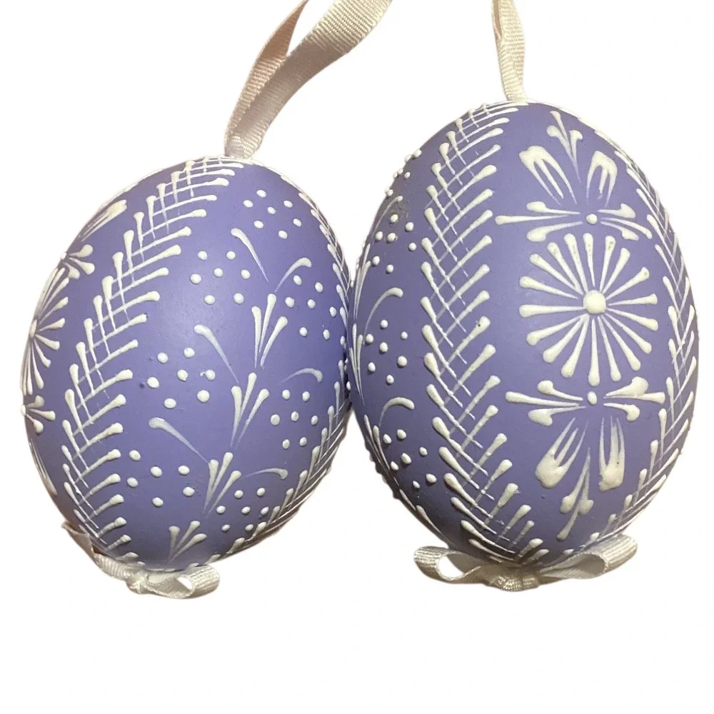 Set of 6 Easter Ornaments Pink Purple Gray Decorative Eggs Hanging Ribbons